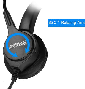 AGPTEK Hands-Free Call Center Noise Cancelling Corded Binaural Headset Headphone with 4-Pin RJ9 Crystal Head and Mic Microphone